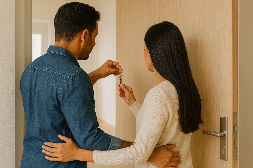Casal de costas abrindo a porta de um apartamento arrematado em leilão de imóveis.
