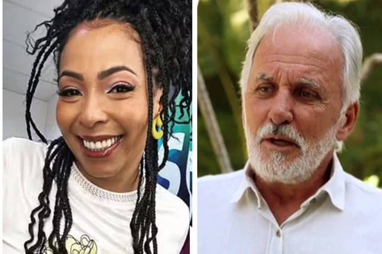 Juliana Oliveira x Otavio mesquita. Ela ex assistente de palco, mulher negra, cabelos longos. Ele apresentador, branco, com cabelos brancos.