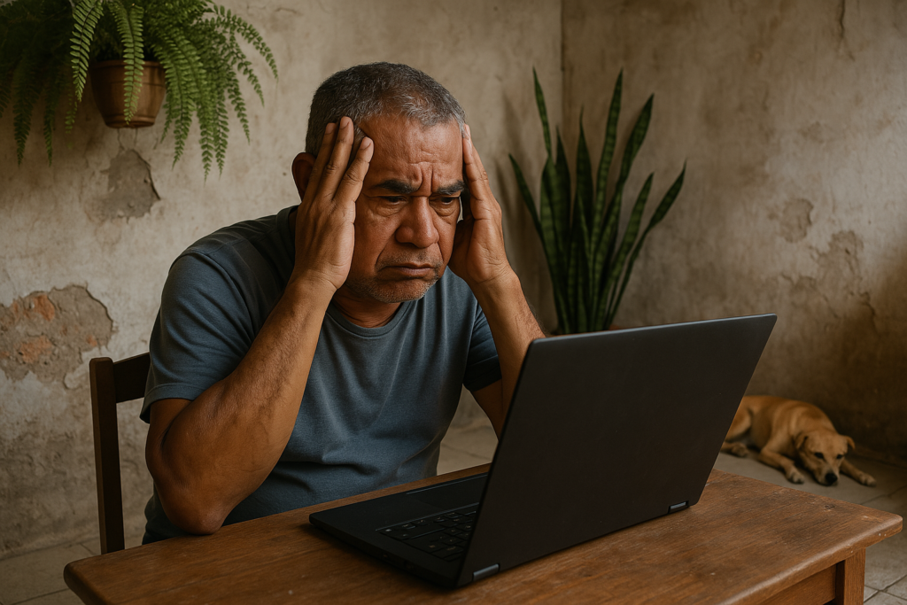 Senhor de meia idade, sentado em frente ao computador, com as mãos na cabeça, com expressão de frustração representando a importância do número do CNJ para localizar processo.