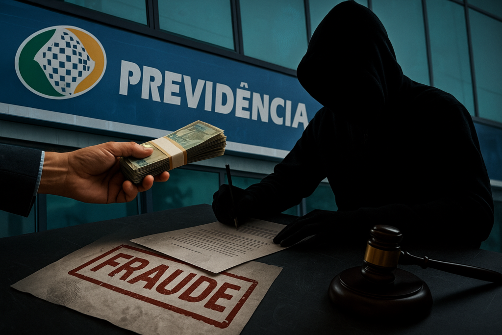 Uma mão estendida com dinheiro entregando a uma silhueta de um homem de capuz, representado Golpe INSS