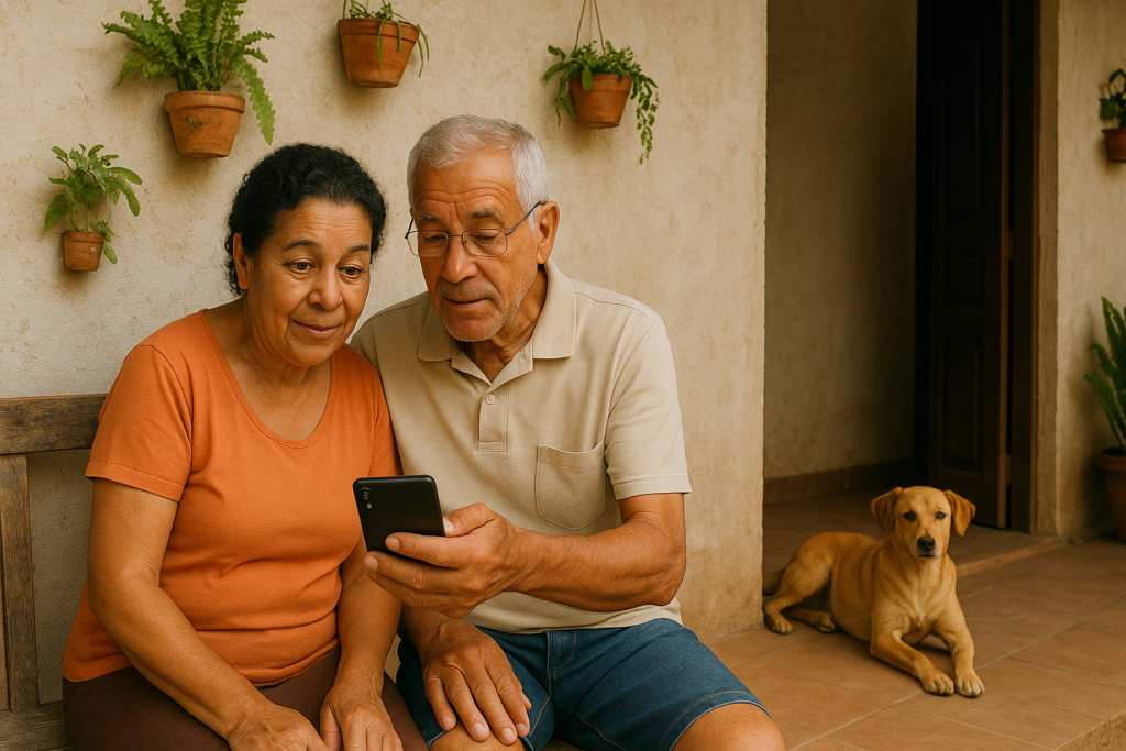 Casal de idosos sentados na varanda, ao celular buscando como descobrir processos judiciais em seu nome