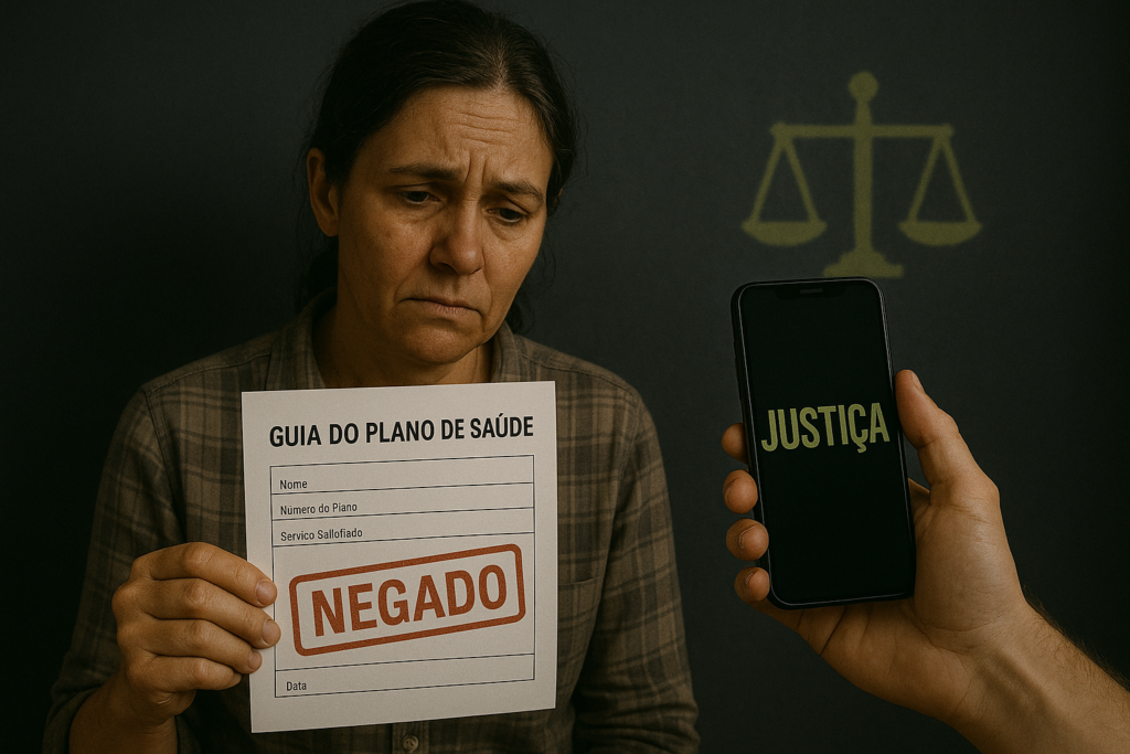 Mulher branca segurando documento que representa Tratamento negado pelo Plano de Saúde.