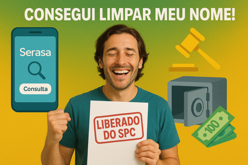 Homem branco, jovem, segurando documento indicando nome limpo no SPC/SERASA