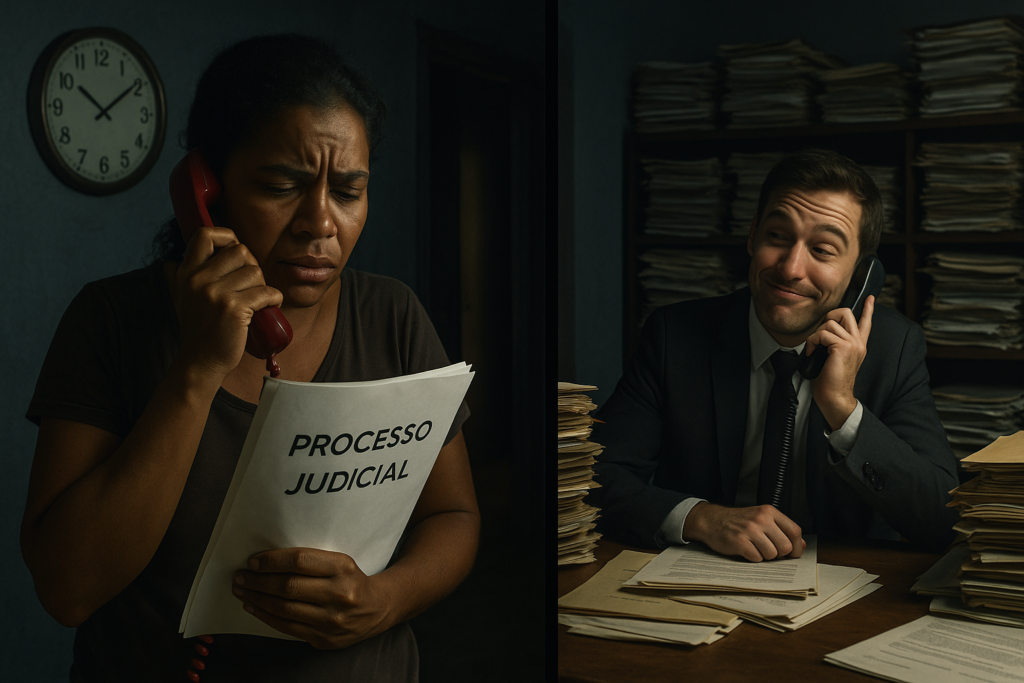 Mulher negra, falando ao telefone com seu advogado, homem branco, segurando documento, representando uma situação em que o Advogado não passa informações