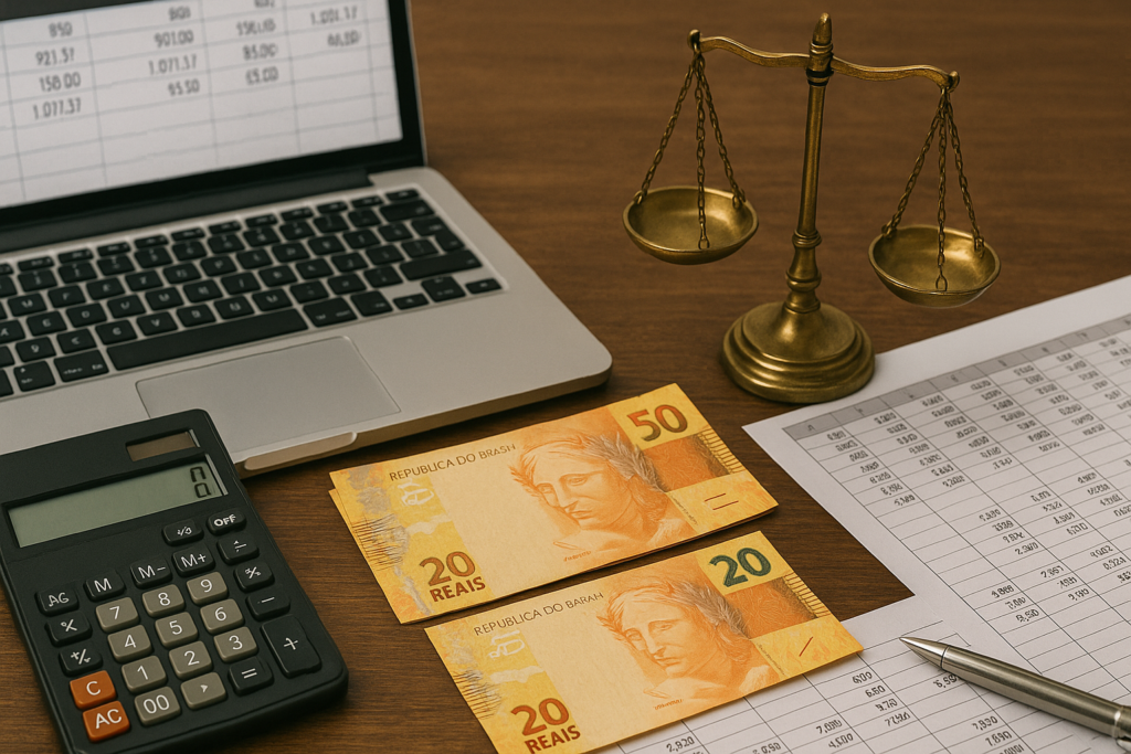 “Fotografia em formato paisagem de uma mesa de madeira escura com: um laptop aberto exibindo planilha de cálculos, uma calculadora preta, duas cédulas de real (50 e 20 reais) sobre documentos impressos com números, uma balança de justiça de metal dourado ao lado e uma caneta prateada, simbolizando verificação de valores e indenizações em processos trabalhistas.”