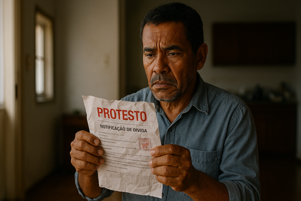 Homem pardo, de meia idade, segurando um documento de Protesto de dívida na mão.