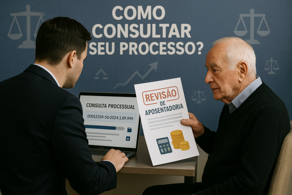 advogado e um senhor branco, idoso, em frente ao computador consultando processo de revisão de aposentadoria.