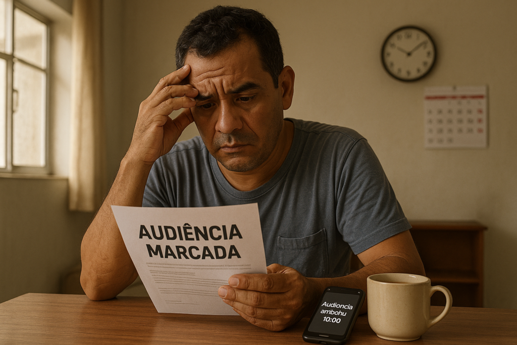 Homem pardo, segurando documento que contém informações sobre audiência marcada.