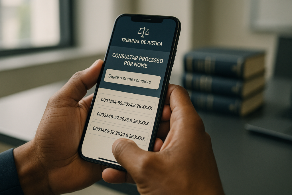 mãos segurando celular, demonstrando sistema para Consultar Processo por Nome