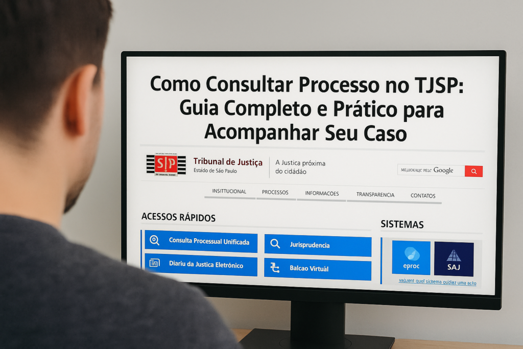 Homem branco em frente ao computador mostrando como Consultar Processo no TJSP