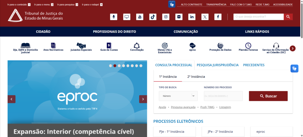 Pagina web do tribunal, ensinando Consultar Processo no TJMG