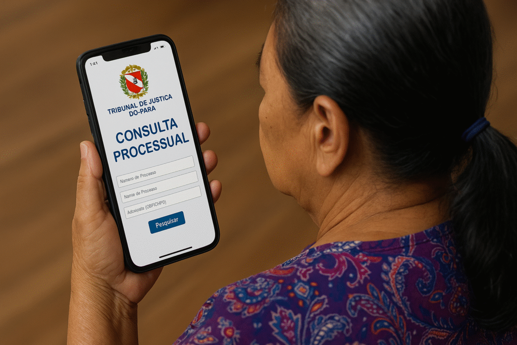Mulher idosa de costas mostrando no celular como Consultar Processo no TJPA – Pará