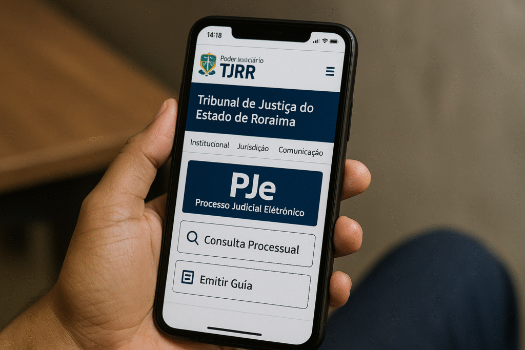 ilustração de uma pessoa realizando a consultar processo no TJRR - Roraima através do celular, com o logo do Tribunal de Justiça de Roraima em evidência ao fundo, simbolizando a busca por informações judiciais no estado