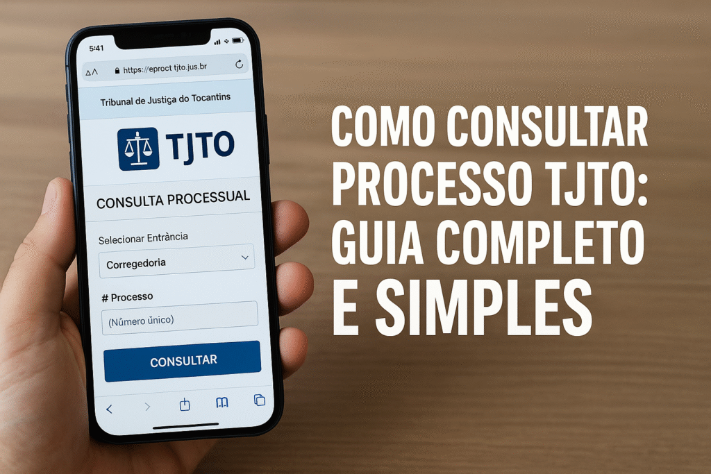 Mão segurando um smartphone exibindo o site de consulta processual do Tribunal de Justiça do Tocantins (TJTO), com o título “Como Consultar Processo TJTO: Guia Completo e Simples” ao lado, ilustrando um guia prático sobre como consultar processos no TJTO.