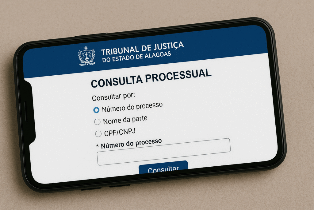Pessoa segurando um smartphone em formato paisagem com o site do Tribunal de Justiça de Alagoas (TJAL) aberto na tela, mostrando a página de consulta processual com opções de busca por número do processo, nome da parte ou CPF/CNPJ.