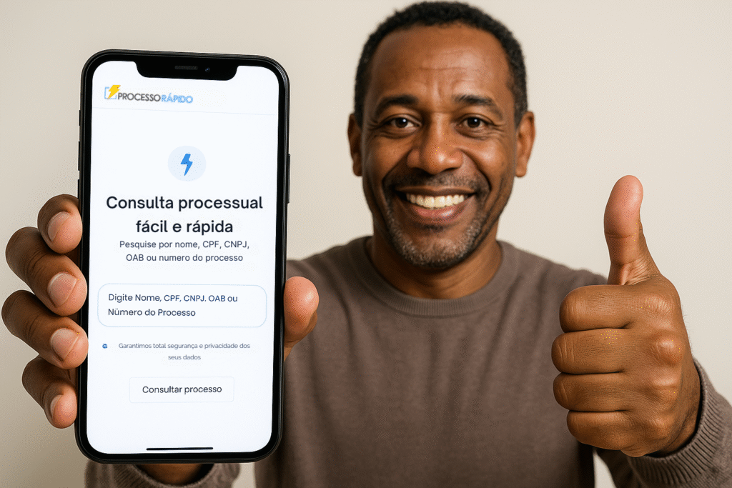 Um homem negro de meia-idade, vestindo um blazer azul e camisa azul, sorri enquanto segura um smartphone horizontalmente com a mão esquerda, mostrando uma imagem de paisagem de montanhas e um lago com a frase "Processo Como Consultar" sobreposta na parte superior. Ele faz um sinal de positivo com o polegar direito.
