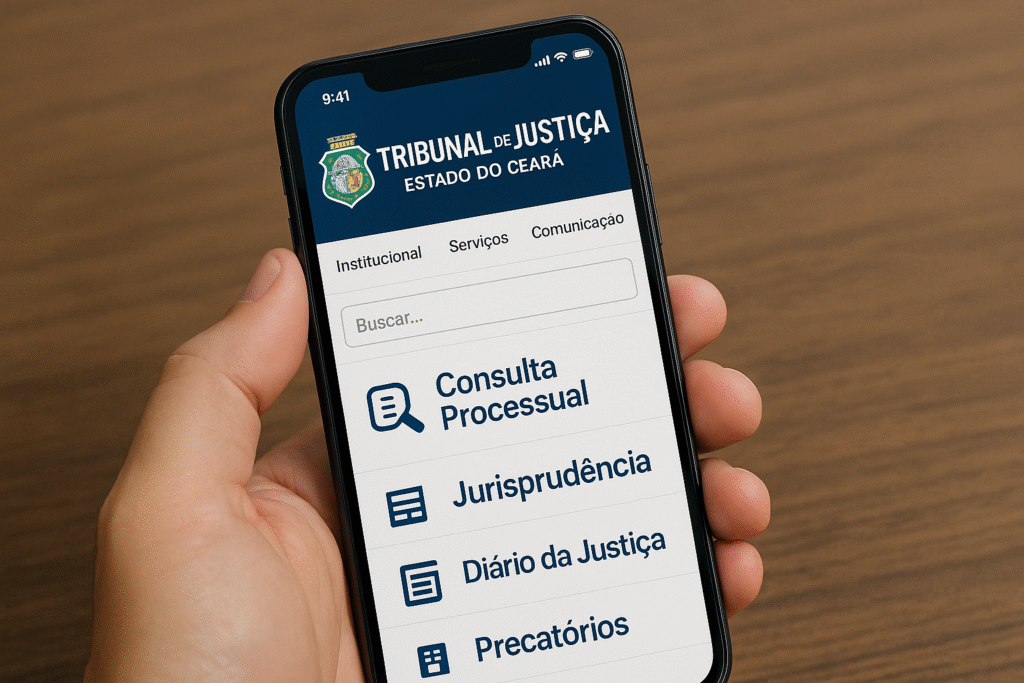 Um close-up de um celular sendo segurado por duas mãos, mostrando a tela no modo paisagem. Na tela, está o site do Tribunal de Justiça do Estado do Ceará (TJCE) com o formulário de "Consulta Processual". O campo de número de processo está preenchido com um exemplo: "0001234-56.2023.8.06.0001". Abaixo, há um campo para a comarca e um botão "Buscar". No fundo, levemente desfocado, aparecem documentos e uma caneta sobre uma mesa.