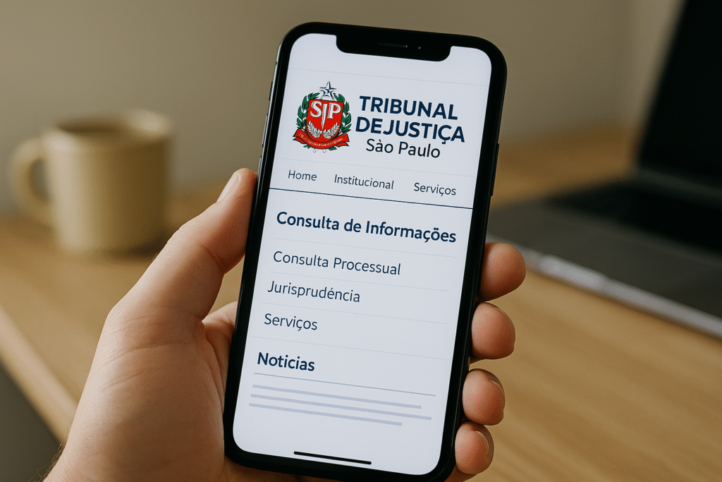 Tela de smartphone exibindo o site do Tribunal de Justiça de São Paulo com brasão oficial, ilustrando consulta e informações relacionadas ao TELEFONE TJ SP