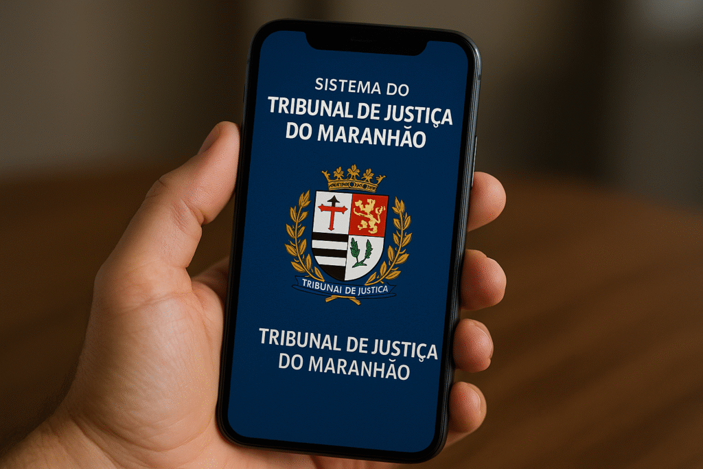 Mão segurando smartphone exibindo tela de consulta.