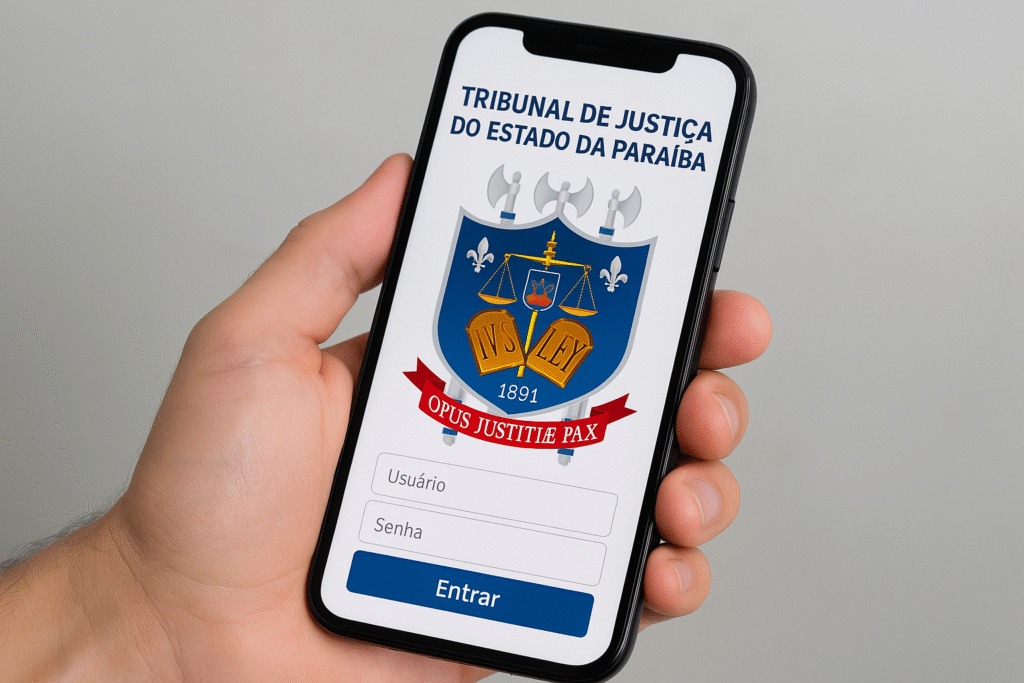 Mão segurando um smartphone exibindo na tela o sistema do TJPB, mostrando o brasão oficial e a interface de login com campos de usuário, senha e botão “Entrar