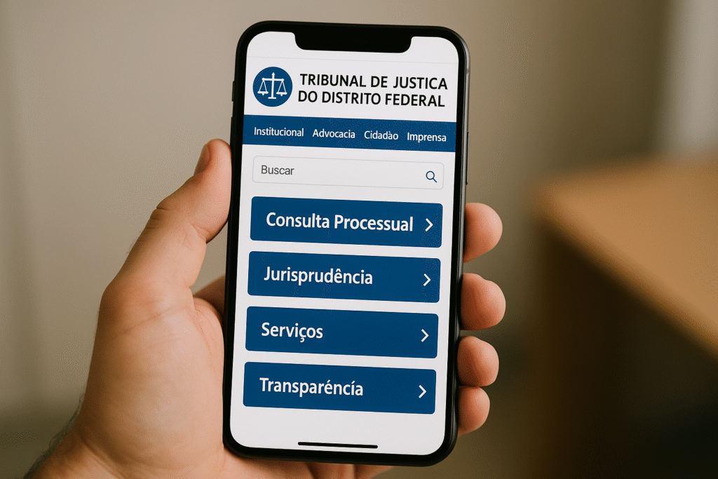 Mão de uma pessoa segurando um smartphone na horizontal, exibindo na tela o site do Tribunal de Justiça do Distrito Federal e Territórios (TJDFT).