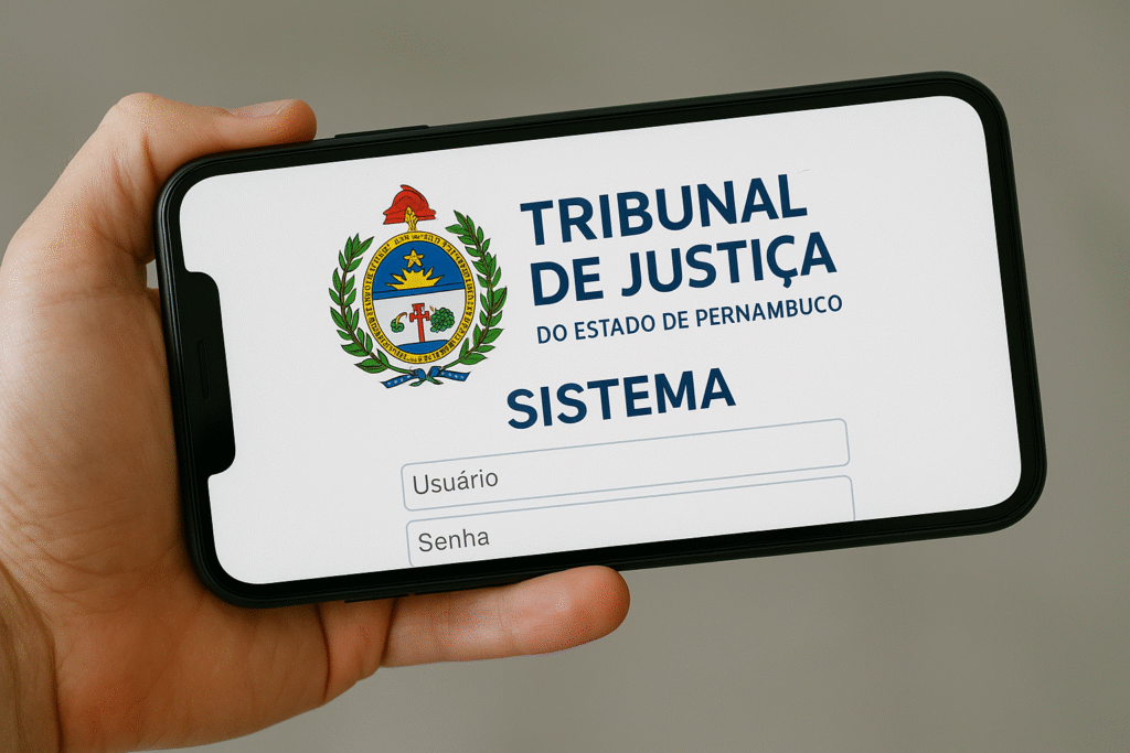 Mão segurando um smartphone em posição horizontal, exibindo na tela o sistema do TJPB com o brasão oficial e campos de login.