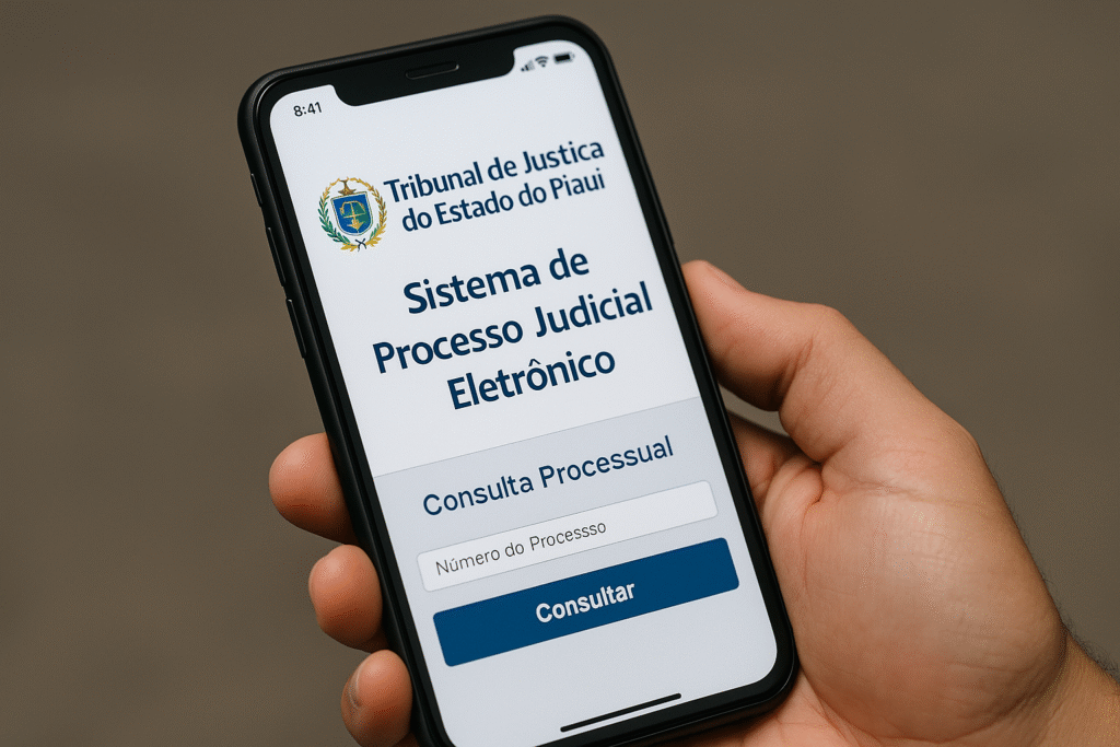 Mão segurando um celular exibindo a tela do sistema do TJPI em close-up, no formato paisagem.