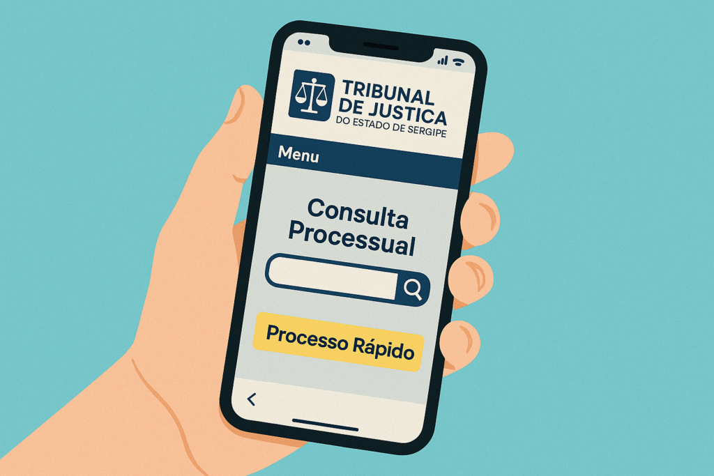 Mão segurando um celular exibindo a página de consulta processual do TJSE, mostrando a tela do Tribunal de Justiça de Sergipe em formato paisagem.