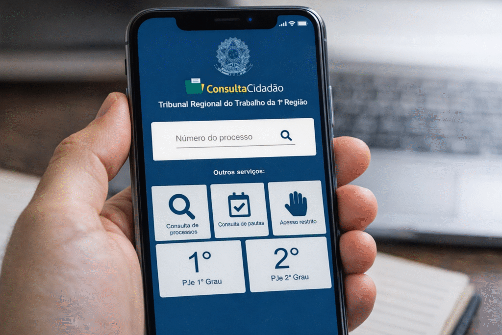 Smartphone exibindo a página Consulta Cidadão do TRT-1 – Tribunal Regional do Trabalho da 1ª Região, com campo para consulta processual no Rio de Janeiro.