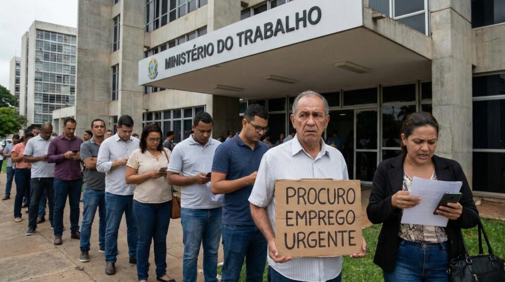Fila de trabalhadores aguardando atendimento em frente ao Ministério do Trabalho, local onde muitos buscam seus direitos após o período de aviso prévio. Em primeiro plano, um senhor segura um cartaz escrito "PROCURO EMPREGO URGENTE"