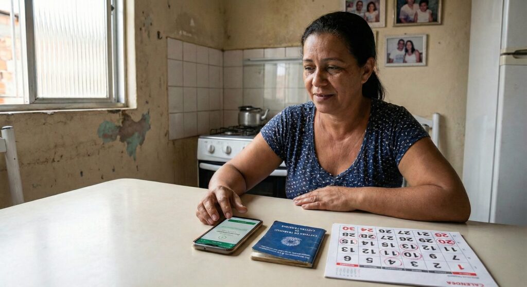 Mulher simples sentada à mesa de casa consultando o andamento do seu processo trabalhista pelo celular, com uma carteira de trabalho e um calendário ao lado.