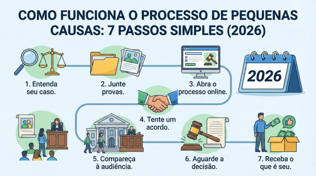 Ilustração animada, com 7 passos para entrar com ação no juizado de pequenas causas.