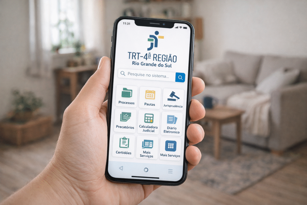 Mão segurando smartphone em casa simples com sistema do trt4 exibido na tela