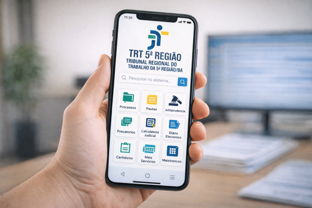 Mão segurando smartphone com sistema do trt5 exibido na tela em ambiente institucional