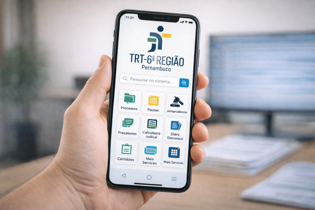 Mão segurando smartphone com sistema do TRT6 Pernambuco exibido na tela