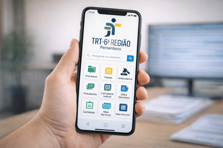 Mão segurando smartphone com sistema do TRT6 Pernambuco exibido na tela