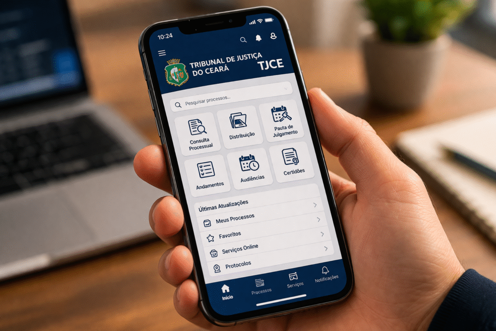 Mão segurando celular com sistema do TRT 7 (Tribunal Regional do Trabalho da 7ª Região) aberto na tela para consulta de processos trabalhistas online.
