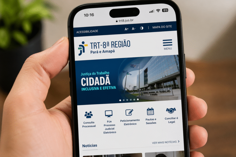 Close-up de uma mão segurando smartphone exibindo o site do TRT8 (Tribunal Regional do Trabalho da 8ª Região) na tela, com interface institucional visível.