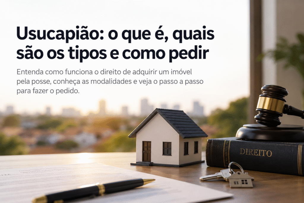Usucapião: casa, documentos, chaves e símbolos da Justiça representando o direito de adquirir um imóvel pela posse.