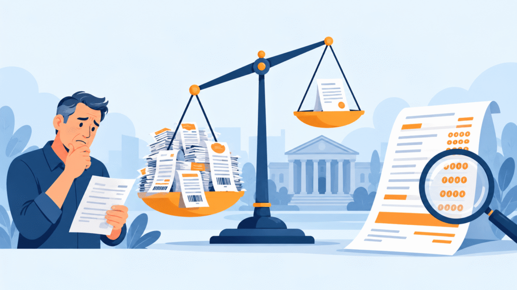 Ilustração sobre revisão de cobrança com balança da justiça, boletos acumulados, contrato e lupa para conferir valores.
