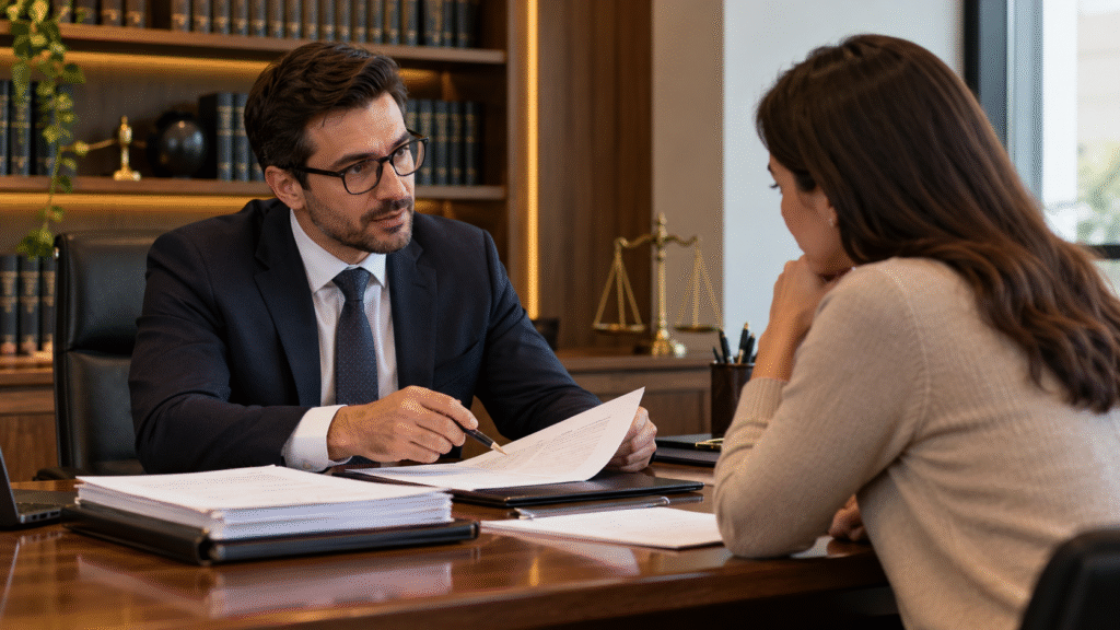 Advogado orientando cliente sobre usucapião em escritório de advocacia, analisando documentos relacionados à regularização de imóvel.