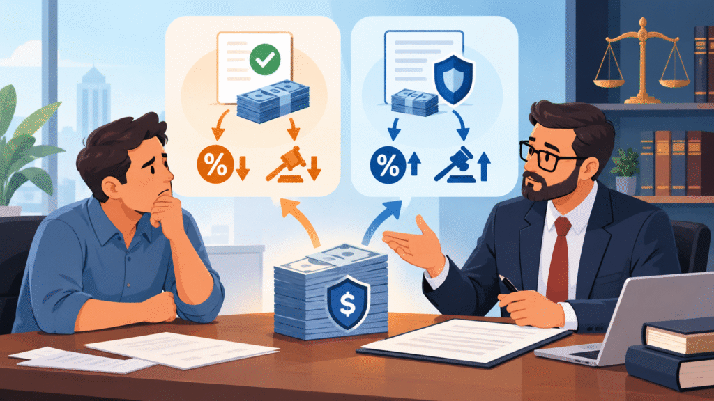 Advogado explica ao cliente como o depósito pode ser tratado como pagamento ou garantia em caso de excesso de execução.